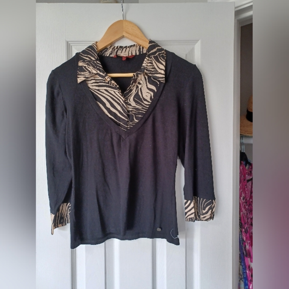 John Richmond Black & Cream Top with Zebra Print Accents (Size 12 - runs small)
